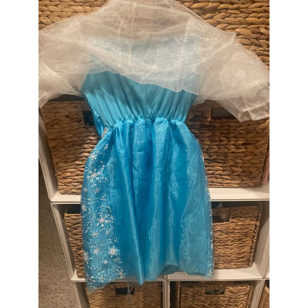 Disney Frozen Elsa Princess Dress Blue Snowflake Gown with Cape Girls Halloween